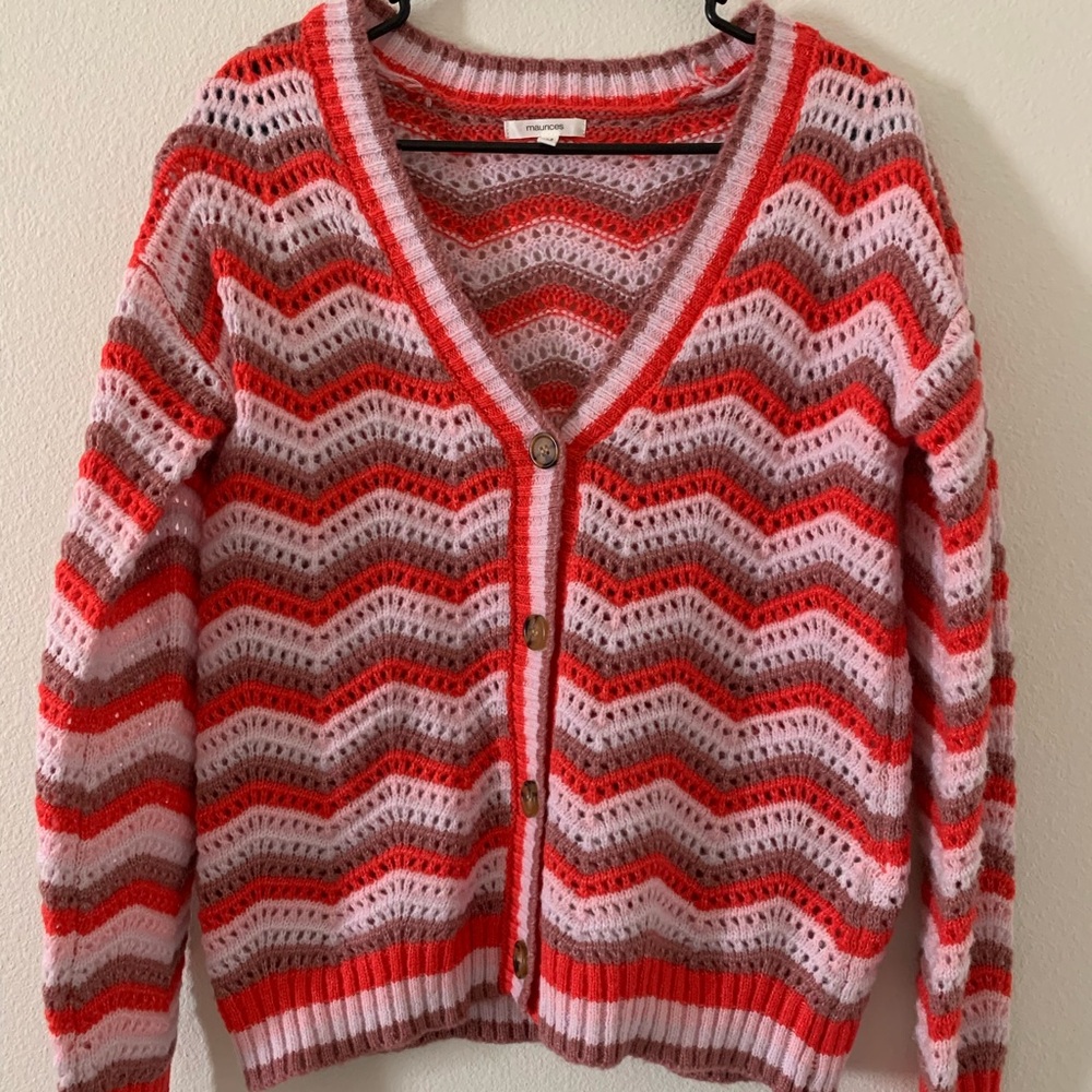 Maurices Red and Pink Chevron Cardigan